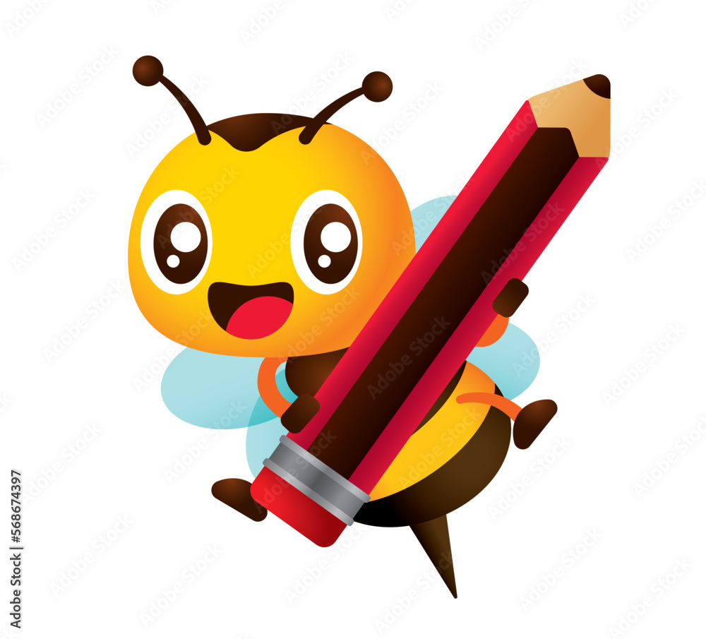 Cute laughing honey bee carrying big pencil for education theme use. Back to school concept vector illustration Cute laughing honey bee carrying big pencil for education theme use. Back to school concept vector illustration