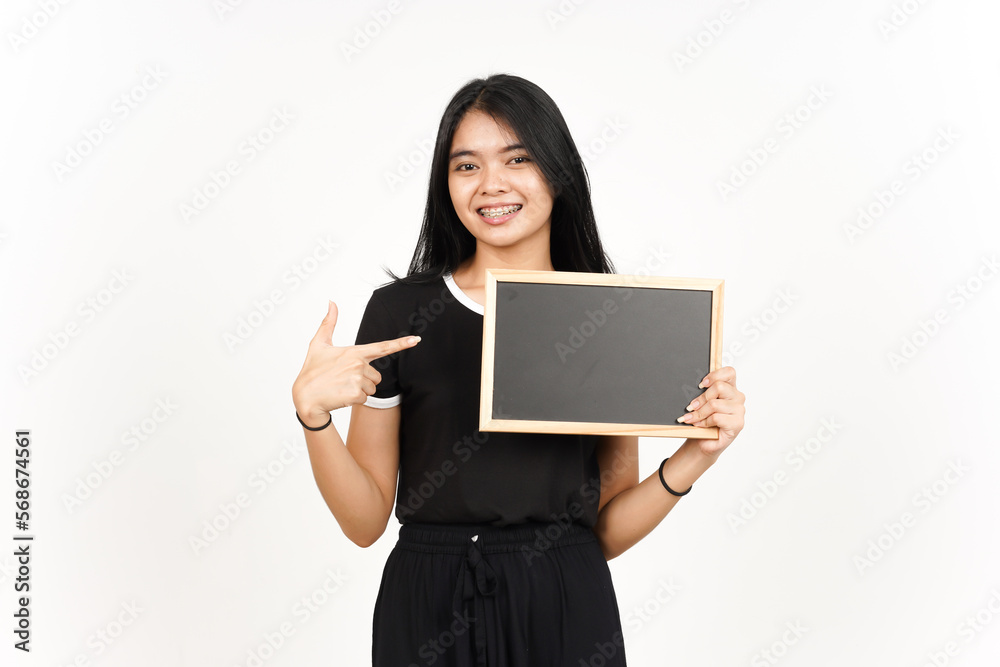 Showing, Presenting and holding Blank Blackboard Of Beautiful Asian Woman Isolated On White Background Showing, Presenting and holding Blank Blackboard Of Beautiful Asian Woman Isolated On White Background