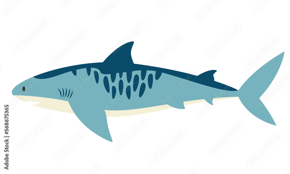Tiger shark side view. Sea inhabitant in flat style.
