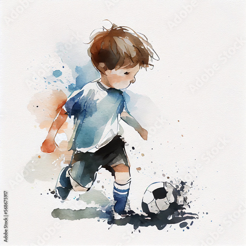 Watercolor illustration of a boy playing soccer. Generative ai