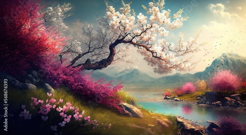 Cherry Blossom day background illustration spring blooming generatie ai © Roman