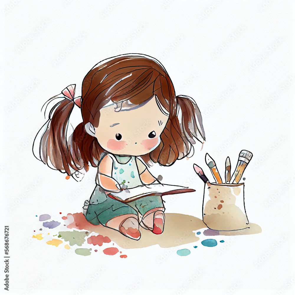 Watercolor illustration of a little girl painting. Generative ai Stock ...