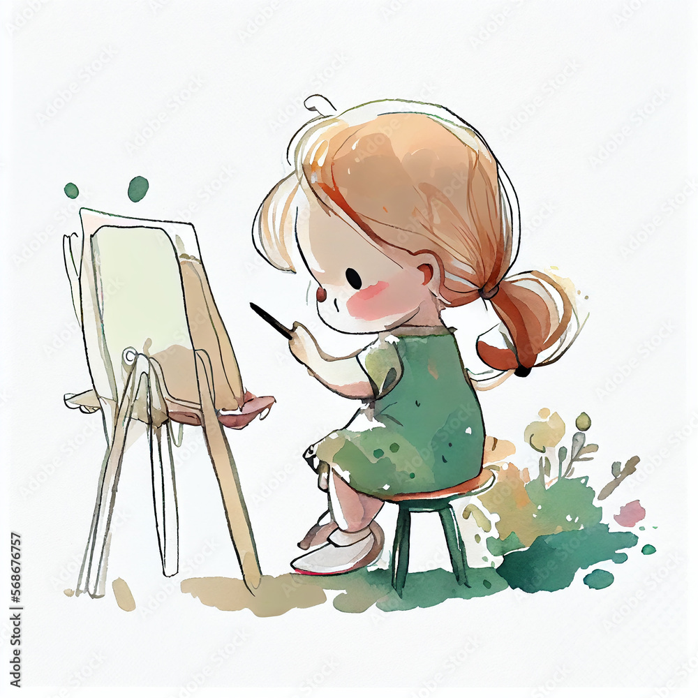 Φωτογραφία Watercolor illustration of a little girl painting. Generative ai