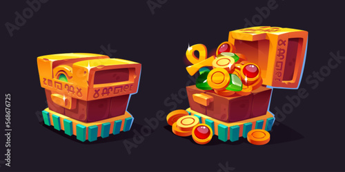 Cartoon set of egyptian treasure chest isolated on black background. Vector illustration of closed and open ancient stone boxes full of golden coins, gemstones. Antique pharaoh jewelry and money