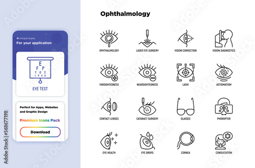 Ophthalmology thin line icons set: laser eye surgery, eye test, eye drops, contact lenses, cataract, astigmatism, phoropter, autorefractometer, farsightedness, nearsightedness. Vector illustration.