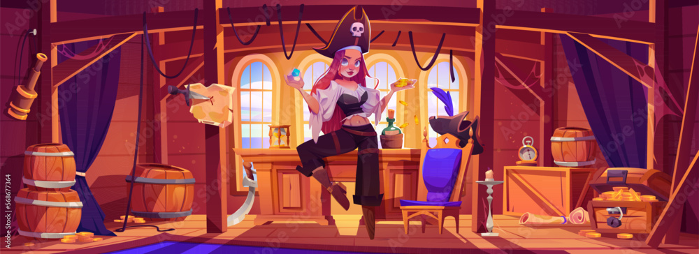 Girl pirate in captain cabin on ship. Adorable woman with wood leg in buccaneer costume hold gold coins and gem. Wooden boat cabin interior with table and treasure chest, vector cartoon illustration