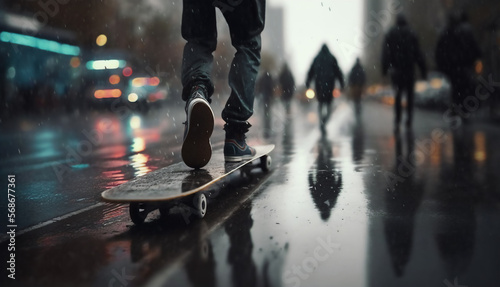 a skateboarder, Zoom on a skateboard on a flat road, It's raining, a lot of people walking around. made with generative AI