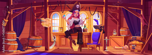 Girl pirate in captain cabin on ship. Adorable woman with wood leg in buccaneer costume hold gold coins and gem. Wooden boat cabin interior with table and treasure chest, vector cartoon illustration