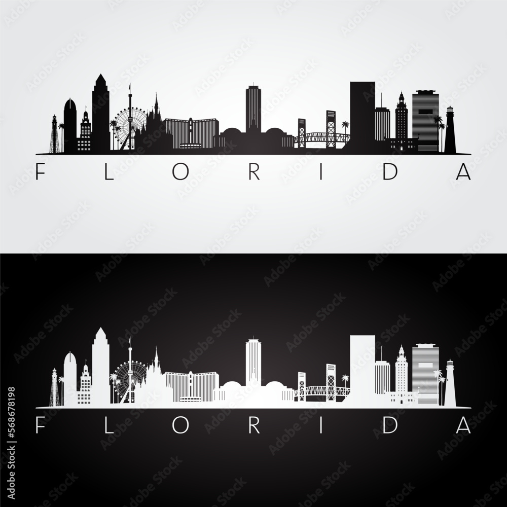 Florida state skyline and landmarks silhouette, black and white design ...