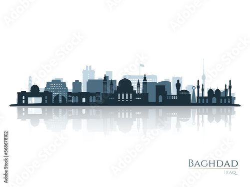 Baghdad skyline silhouette with reflection. Landscape Baghdad, Iraq. Vector illustration.
