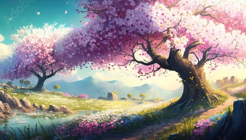 Beautiful art illustration of Sakura blossom with birds cartoon style generative ai © Roman