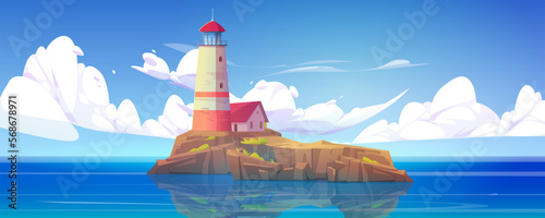 Cartoon vector sea landscape background with lighthouse on island. Illustration with house on rocky coast in ocean. Beacon and building on harbor. Beautiful panoramic seascape.