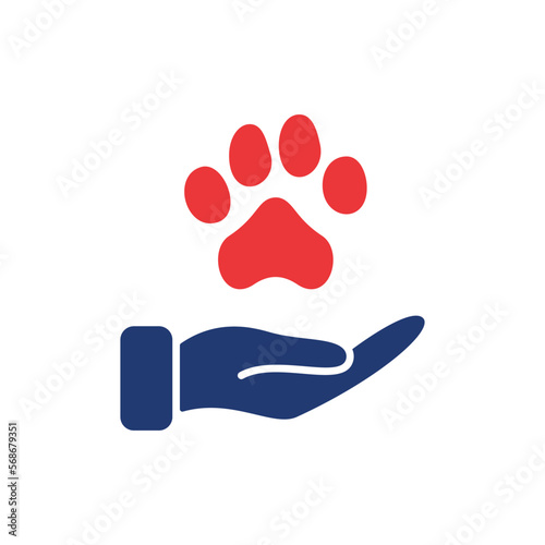 Animal Paw and Human Hand Silhouette Icon. Animal Donation, Care and Protection concept. Adoption of Pets, Shelter, Charity Icon. Animal welfare Pictogram. Vector illustration