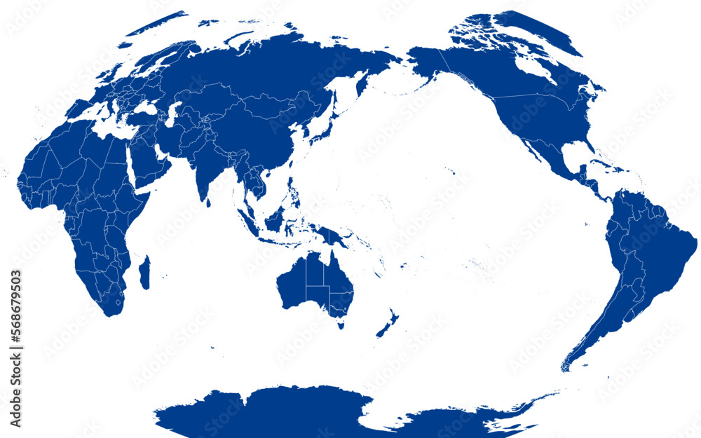 World Map vector. Blue similar world map blank vector on white background.  Blue similar world map with borders of all countries and Australia States, Antarctica.   Stock vector. EPS10.