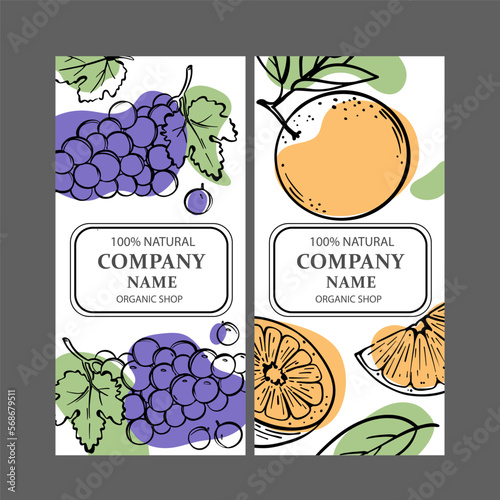 GRAPE ORANGE LABELS Design Of Stickers For Shop Of Tropical Organic Natural Fresh Juicy Fruits And Dessert Drinks In Sketch Style Vector Illustration Set