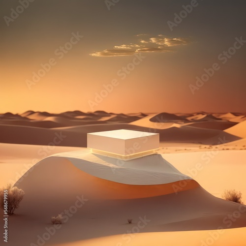 Minimalist white podium on top of a sandy desert dune with a warm sunset background AI generation