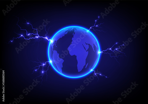 Fototapeta Naklejka Na Ścianę i Meble -  technology abstract Background 3D Earth map on surface with glowing circles at the edges and bright electric current lines glowing around the blue gradient background.