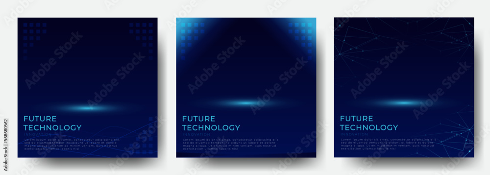 concept of blue digital future technology template square social media post banner vector background. set of future technology square social media post banner vector background. tech social media post