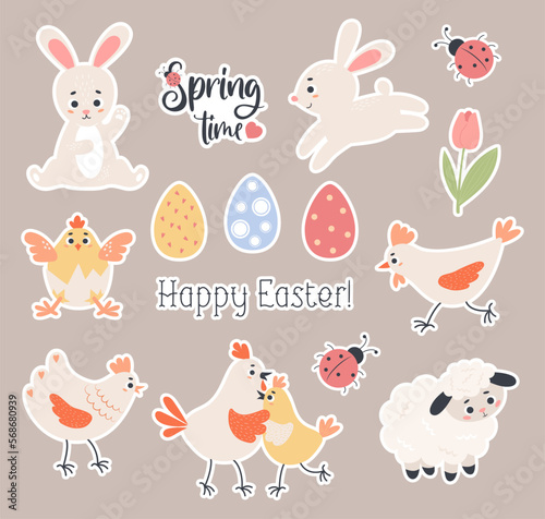 Easter stickers. Collection cute paschal animals, bunny, chick, poultry, sheep, eggs and spring tulip. Vector illustration. Isolated elements in flat cartoon style for design, kids collection, print.