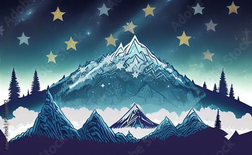 Starry sky mountain background decorations with a few trees in the foreground on the sides © Mesterio