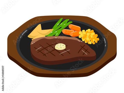 ステーキのベクターイラスト。肉料理、付け合わせ野菜のインゲンマメや人参。