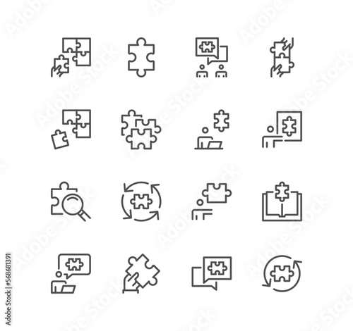 Set of puzzle related icons, thinking man, problem discussion, puzzle pieces and linear variety vectors.