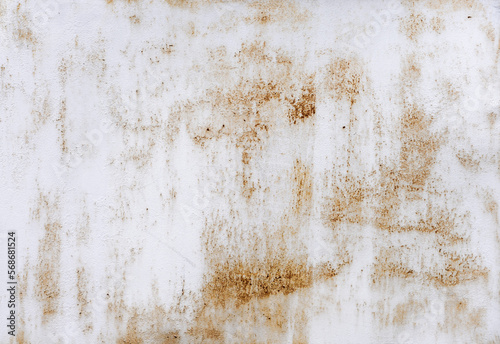 Old Grunge Rough Painted White Wall with Streaks of Rust. Distressed Dirty Wall Texture.