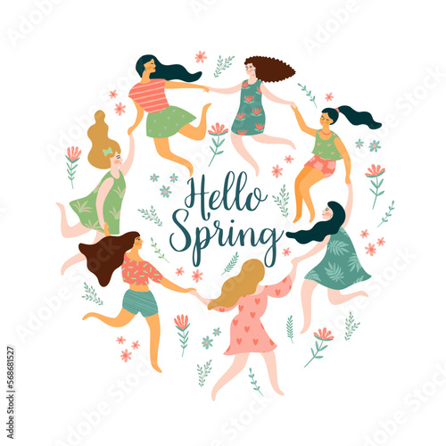 Hello Spring. Isolated illustration with women. Vector design for poster, card, invitation, placard, brochure, flyer and other © Nadia Grapes