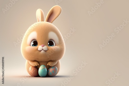 Cute happy easter bunny with colourful easter eggs. Generative AI.