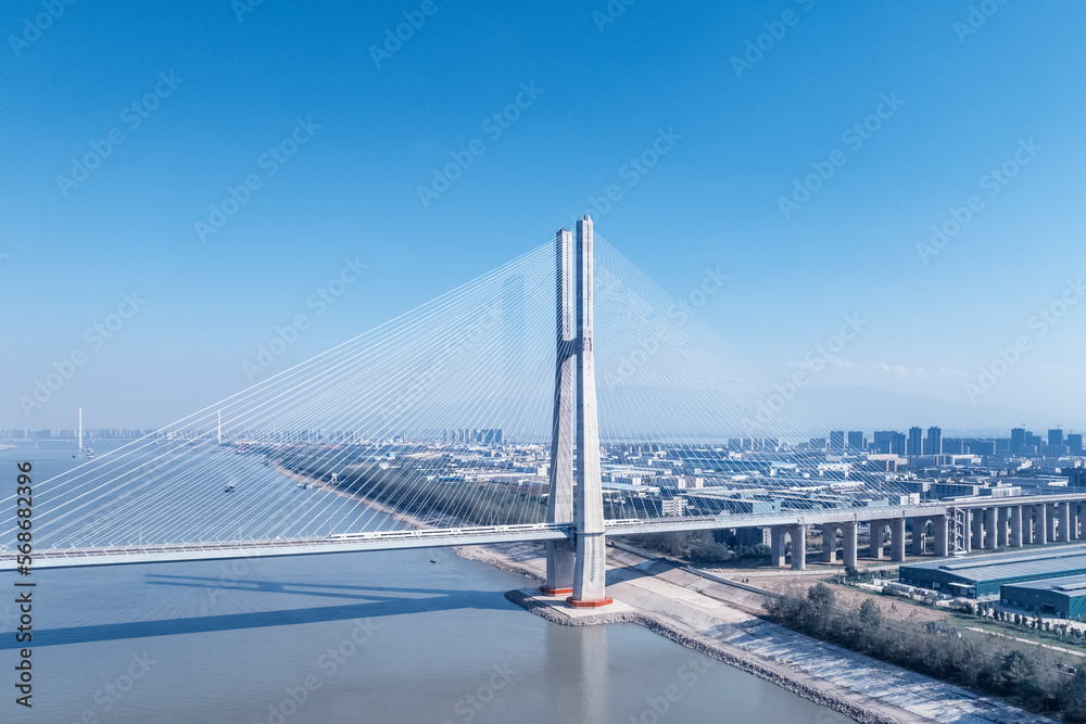 aerial view of high-speed railway cable-stayed bridge on Yangtze River