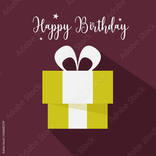 Happy birthday card yellow gift box with brown background. Flat design vector illustration.