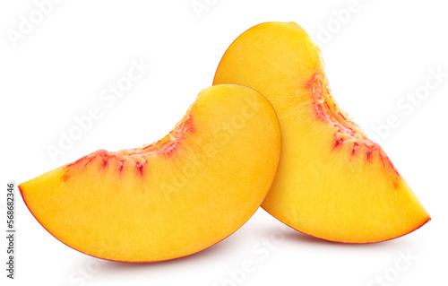 Peach slice isolated on white background. Peach with clipping path. Peach macro studio photo