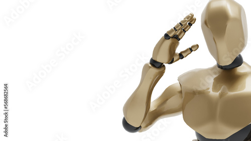 Detailed appearance of the gold-black AI robot under white background. Concept 3D CG of automatic operation, optimization and block chain.