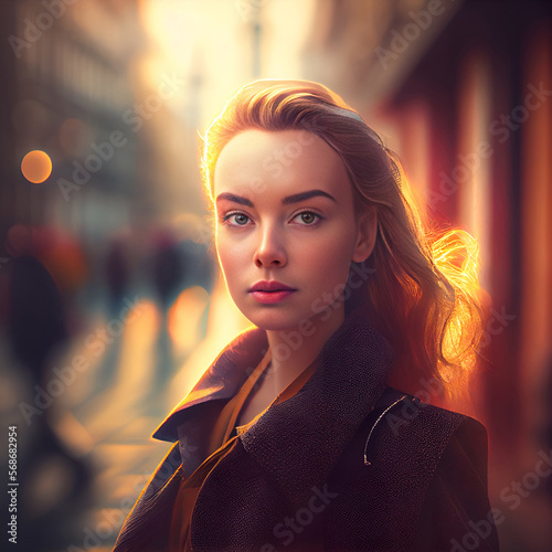 Portrait of  beautiful girl on the street, generative ai photo