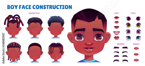 Cartoon vector boy character face creation set. Child animation kit design for avatar illustration. Design pack with cute male hair, emotions, mouth and eye to use as template for game.