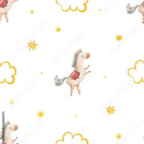 seamless, endless pattern with circus. Funny characters, trained animals on transport, jumping show, perfomance. Children's illustration, textile design, print on white background
