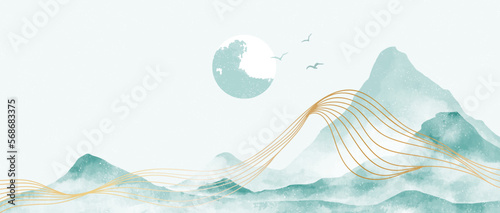 Natural blue mountain landscape with golden line art. Abstract contemporary aesthetic backgrounds landscapes. Mountains, hill and sun. vector illustrations