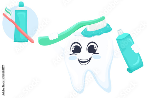 World Dentist Day, Dentist. Funny dental illustrations, dental care concept. Using toothbrush, cartoon style illustration. Illustrations are suitable for both adults and children