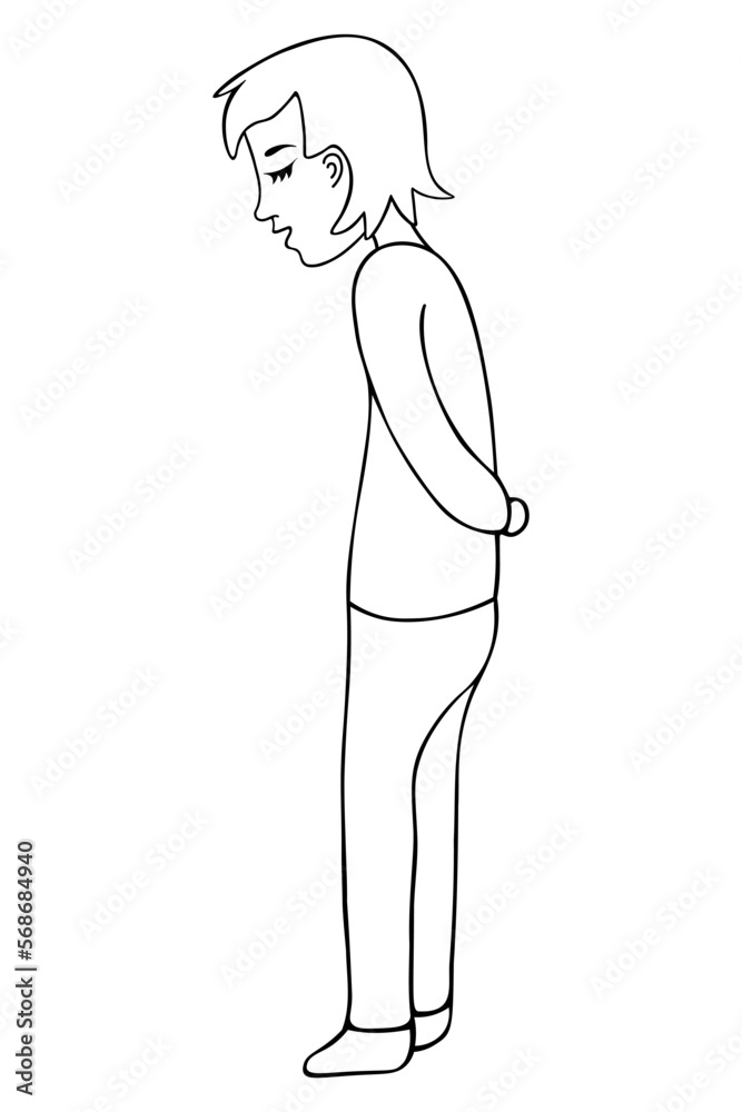 The young man dreams of a kiss. Sketch. The boy thought with his eyes closed. Vector illustration. Doodle style. Coloring book for children. Outline on isolated background.