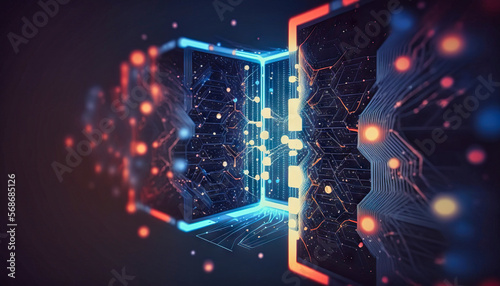 Abstract data center, Ai, machine learning, server, internet, speed. Background for tech titles , news headline. Generative AI