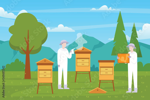 Beekeepers at apiary, work with hives and honey bees 2d vector illustration concept for banner, website, illustration, landing page, flyer, etc