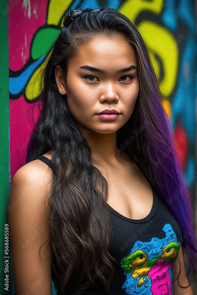 A fictional person.  Beautiful young half  Asian-American woman at street. Generative AI