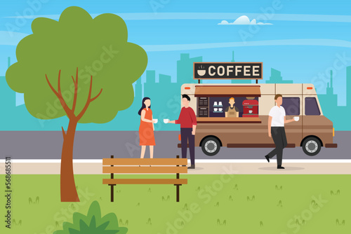 Coffee cafe food and beverages truck at city park 2d vector illustration concept for banner, website, illustration, landing page, flyer, etc © Creativa Images