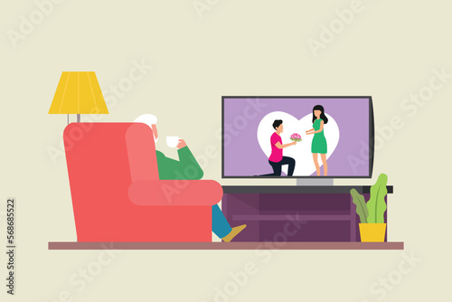 Old man watching TV at home 2d vector illustration concept for banner, website, illustration, landing page, flyer, etc