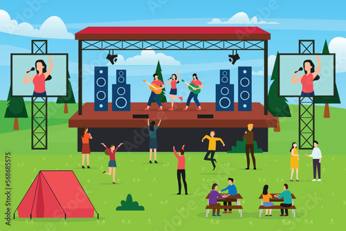 Fotografiet Music Festival Open Air with people singing and dancing 2d vector illustration c