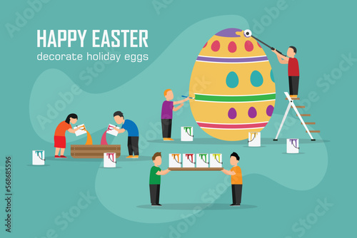 Happy Easter scene with kids painting a huge easter egg 2d vector illustration concept for banner, website, illustration, landing page, flyer, etc