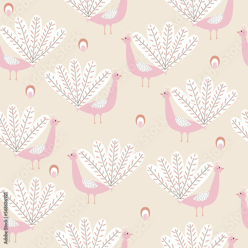 Cute pink peacock with white tail. Funny kids print. Vector hand drawn illustration.