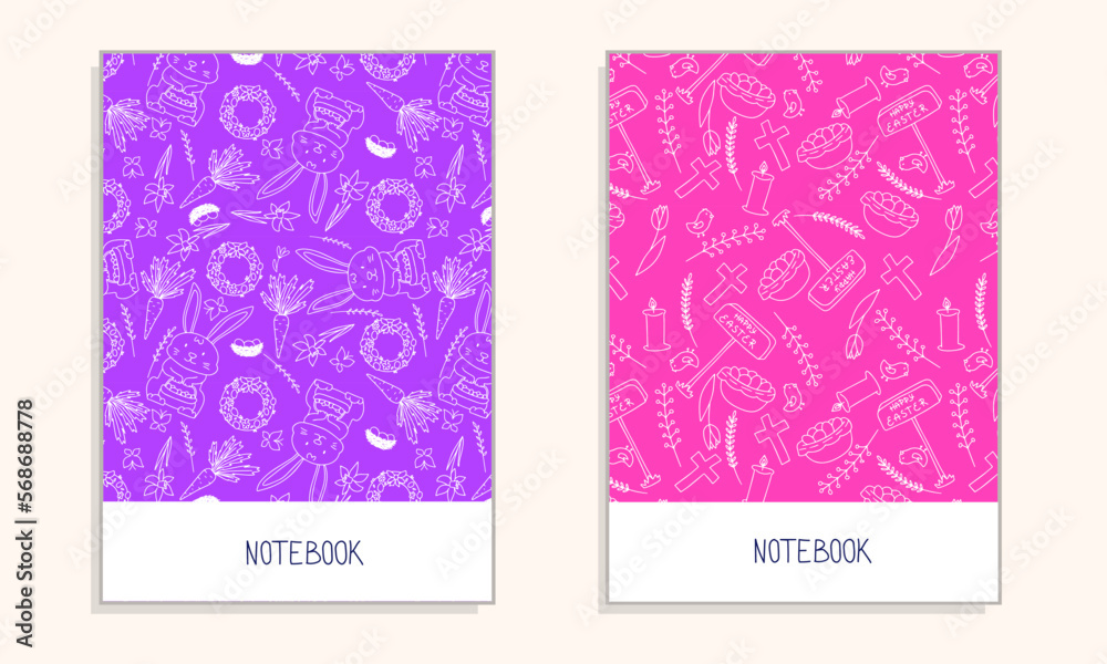 Cover for notebook in doodle style with Easter hand draw elements on light background. Vector illustration.