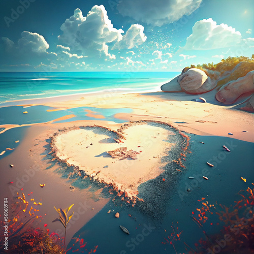 St. valentine's day romantic heart in the beach. romantic sunset sunlight. Romantic beach with a big heart. Heart shape in a beach, heart made of sand in a beach with a lovely  and romantic sunset