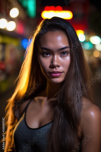  A fictional person. Beautiful young half Asian woman at street at night. Generative AI